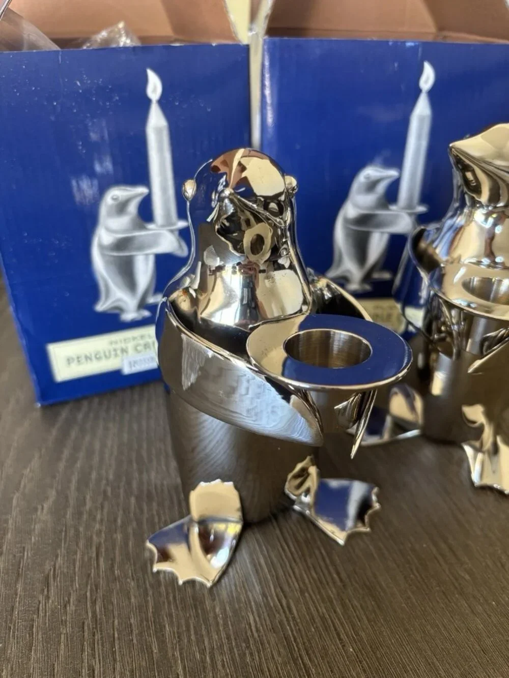 RESTORATION HARDWARE Silver Plate Penguins Candle Bearer Holder Brass Set Of 2